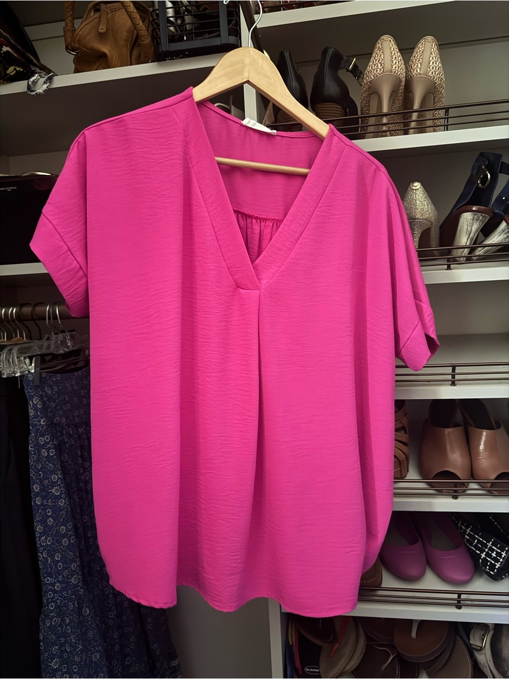 First Love V-Neck Short Sleeve Blouse - Bright Pink